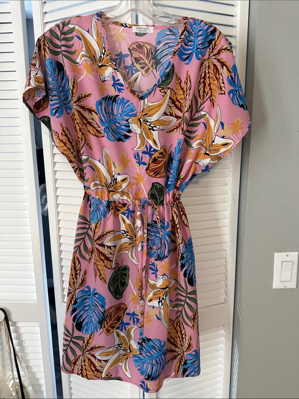 Pink Tropical Print V-Neck Dress